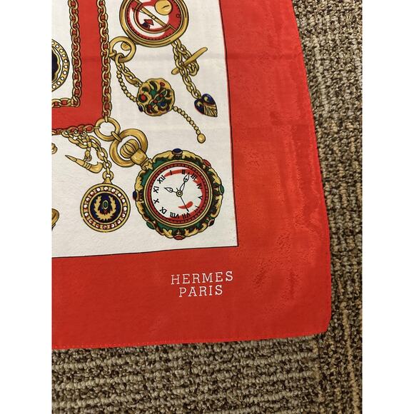 Hermes Scarf Womens Silk Square Geometric Watch Chain Print 35x35 France - Picture 2 of 6